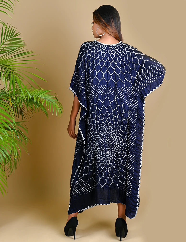 THREE FLOWERS KAFTAN-INDIGO BLUE silk by Dyelogue in blue color for women in Singapore