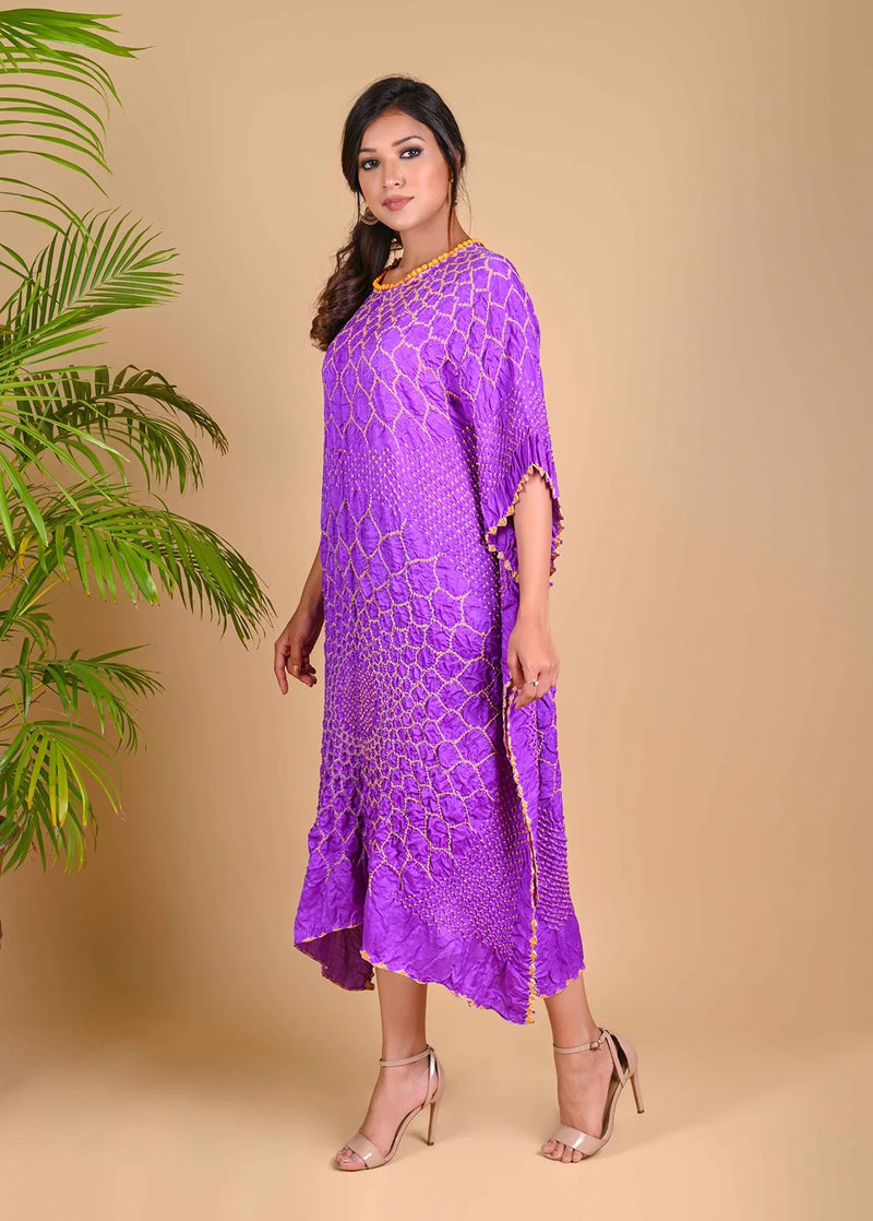 THREE FLOWERS KAFTAN-LAVENDER silk by Dyelogue for women in Singapore