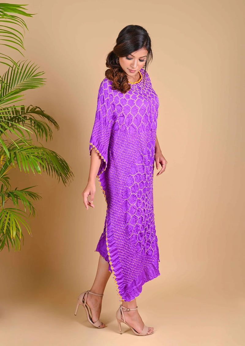 THREE FLOWERS KAFTAN-LAVENDER silk by Dyelogue for women in Singapore