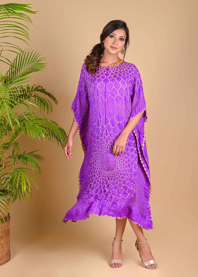 THREE FLOWERS KAFTAN-LAVENDER silk by Dyelogue for women in Singapore