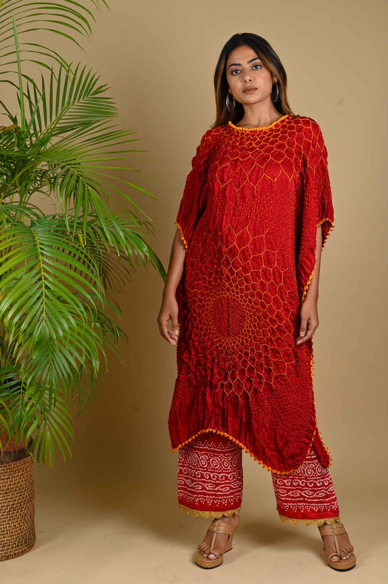 THREE FLOWERS KAFTAN-RED silk by Dyelogue in red color for women in Singapore
