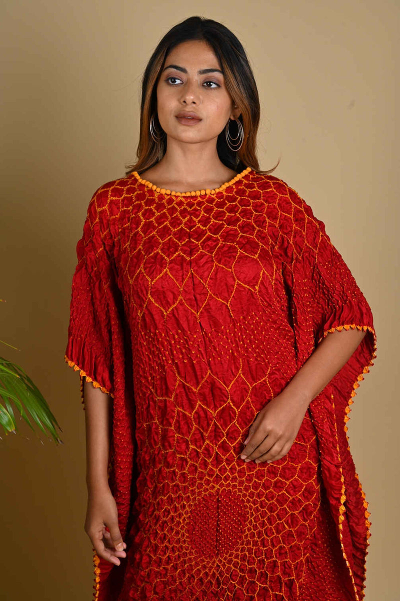 THREE FLOWERS KAFTAN-RED silk by Dyelogue in red color for women in Singapore