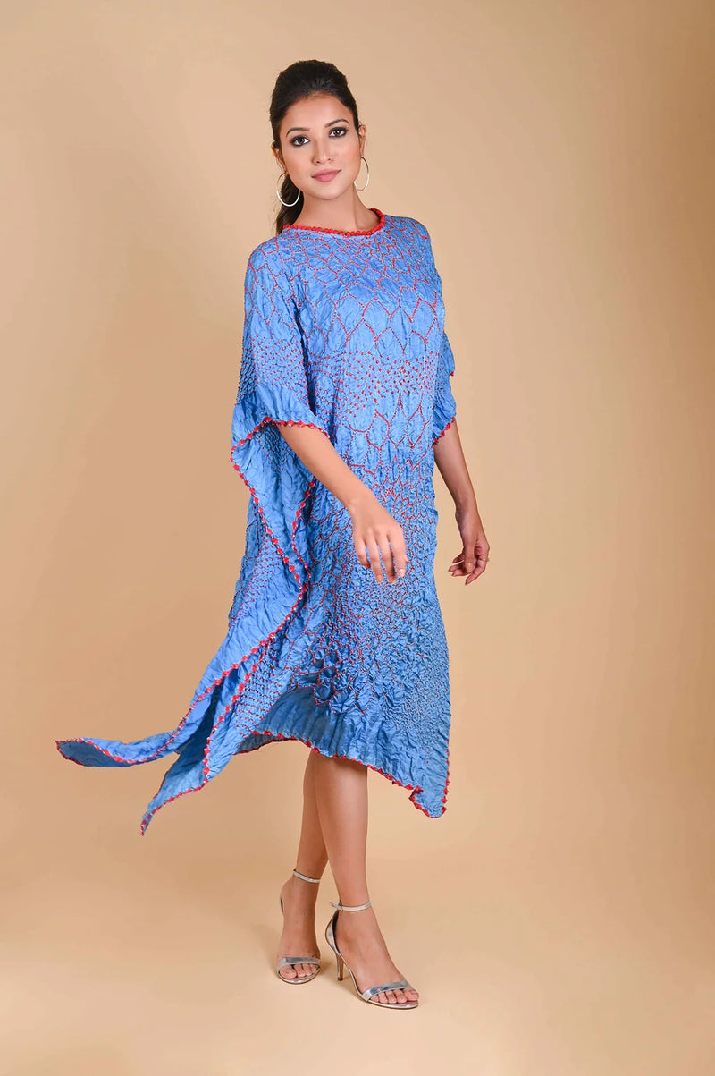 THREE FLOWERS KAFTAN-SKY BLUE silk by Dyelogue in blue color for women in Singapore