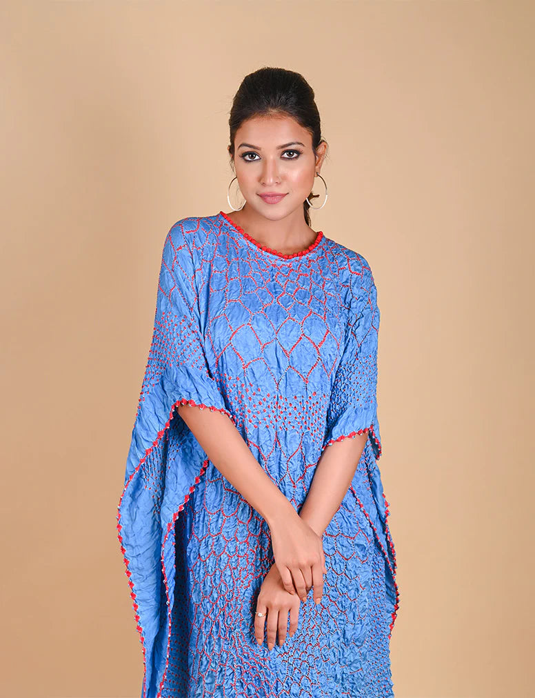 THREE FLOWERS KAFTAN-SKY BLUE silk by Dyelogue in blue color for women in Singapore