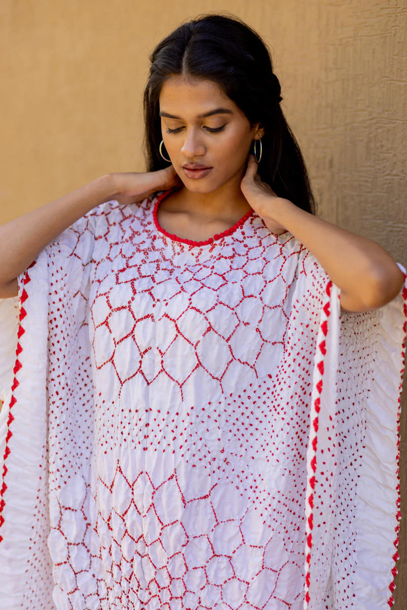 THREE FLOWERS KAFTAN-WHITE silk by Dyelogue in white color for women in Singapore