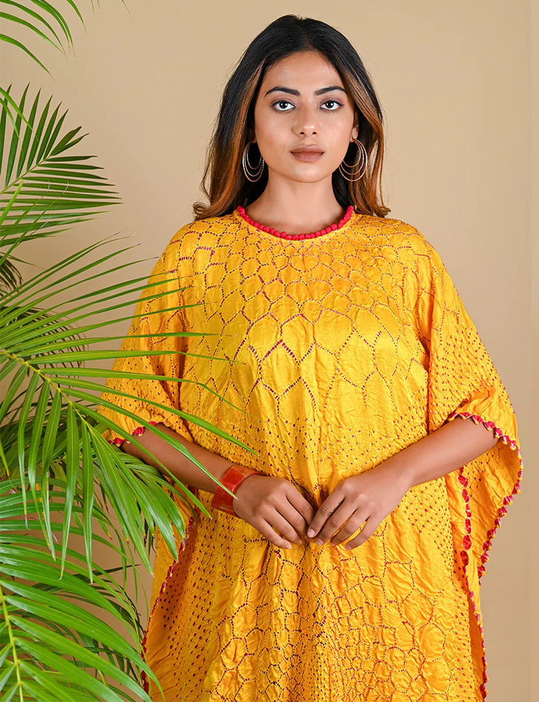 THREE FLOWERS KAFTAN-YELLOW silk by Dyelogue in yellow color for women in Singapore