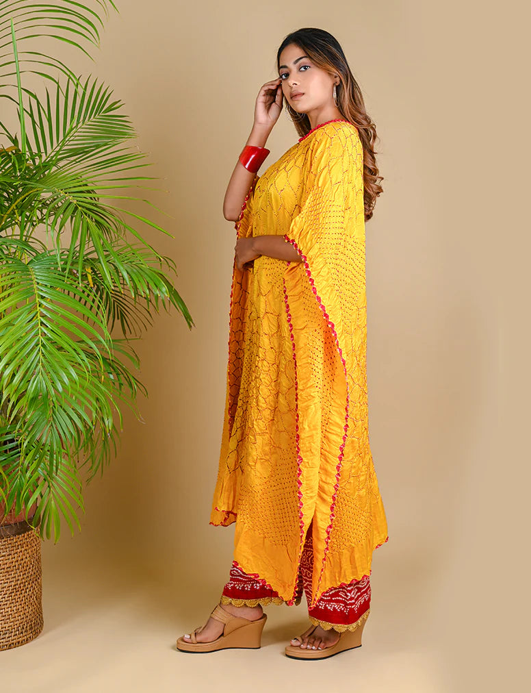 THREE FLOWERS KAFTAN-YELLOW silk by Dyelogue in yellow color for women in Singapore