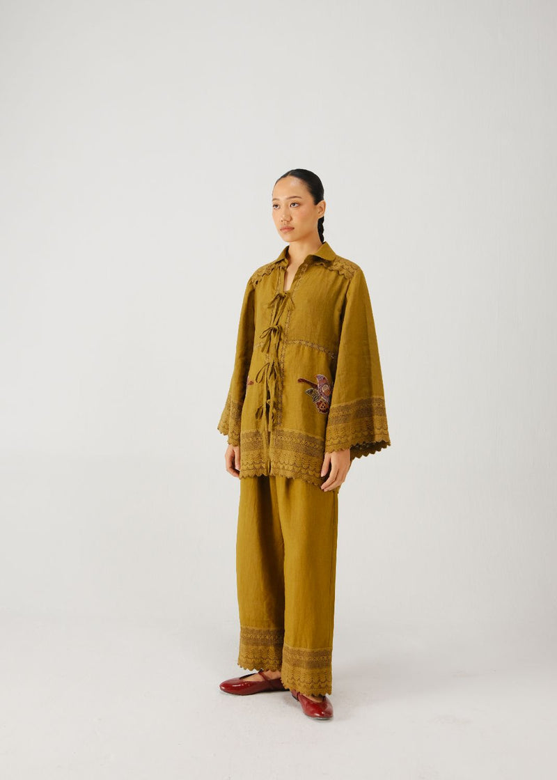 Tie up set-Olive parrot emb. linen by CORD for women in Singapore