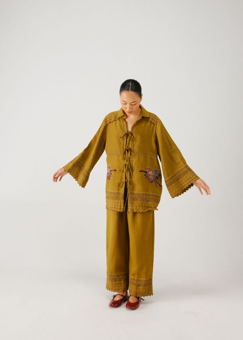 Tie up set-Olive parrot emb. linen by CORD for women in Singapore