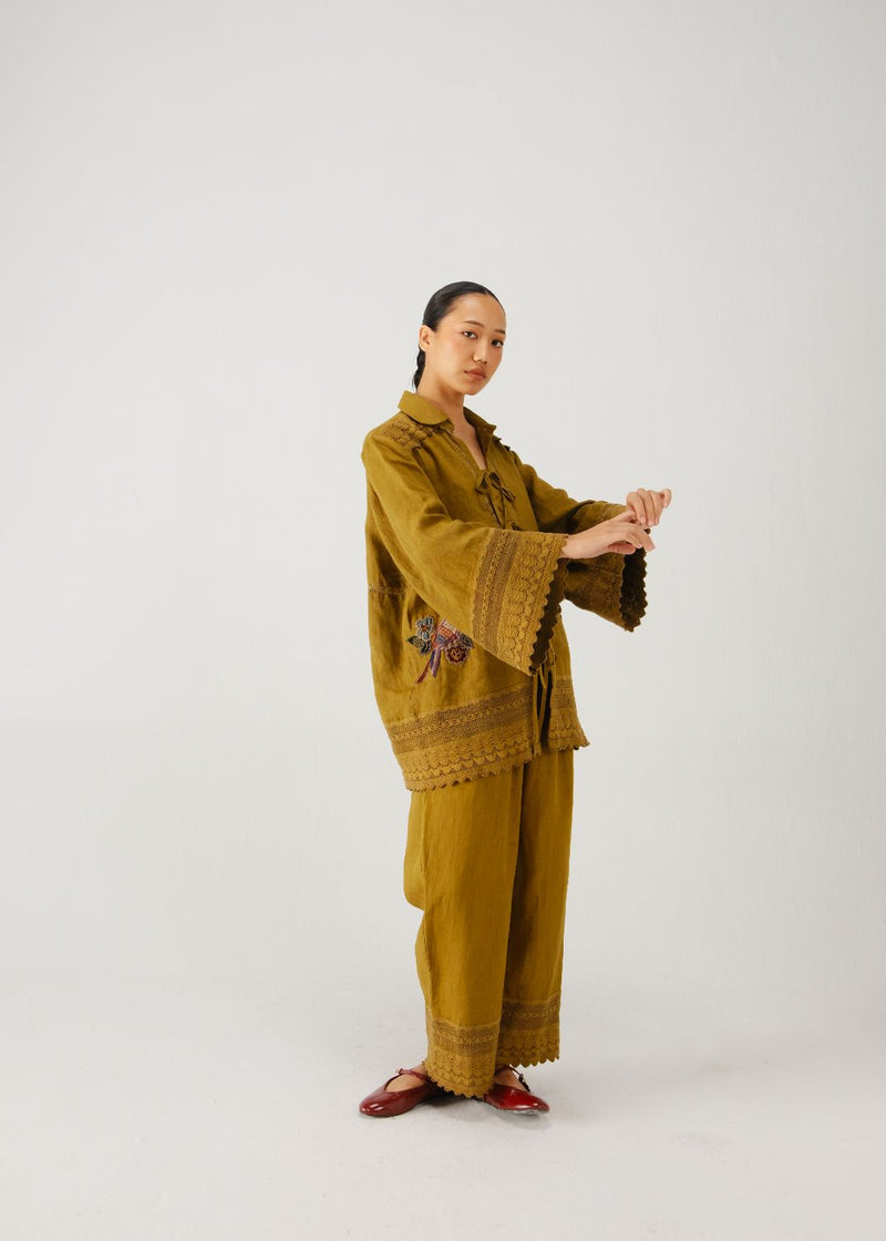 Tie up set-Olive parrot emb. linen by CORD for women in Singapore