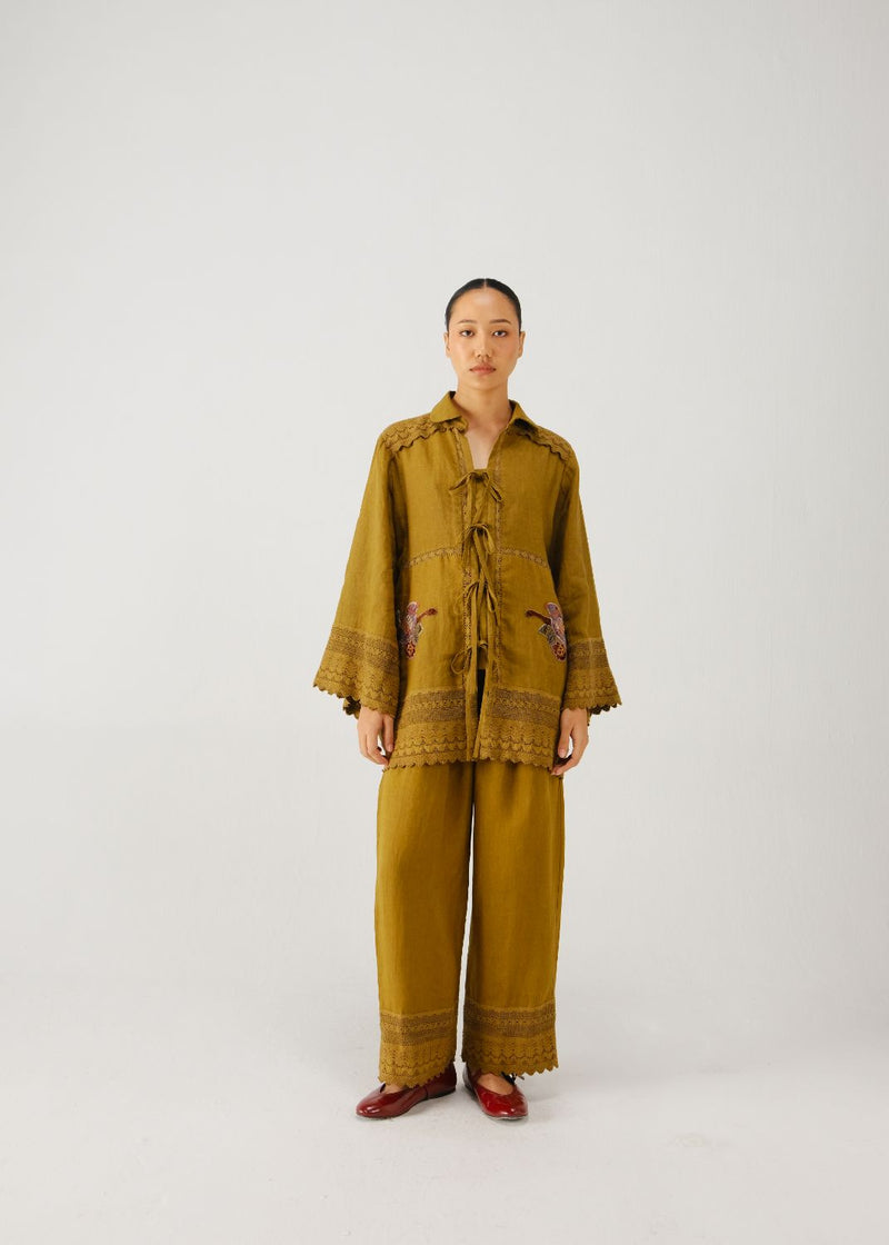 Tie up set-Olive parrot emb. linen by CORD for women in Singapore