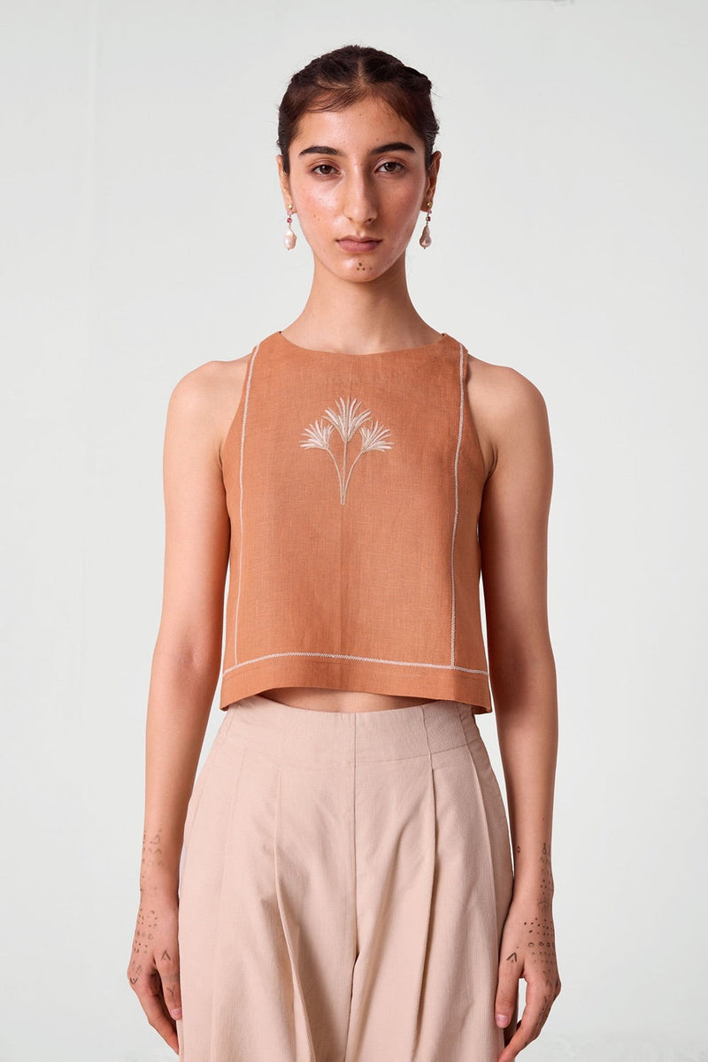 Toni Apricot Embroidered Linen Top