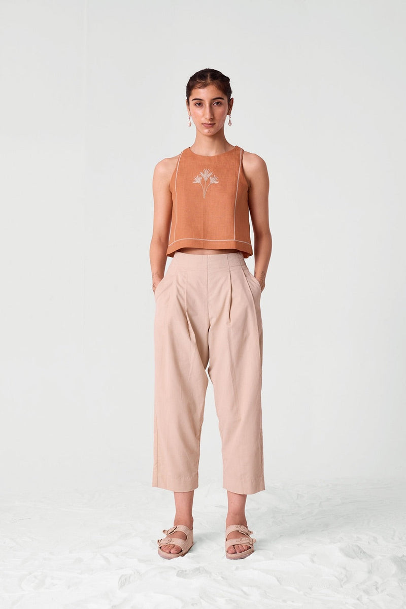 Toni Apricot Embroidered Linen Top