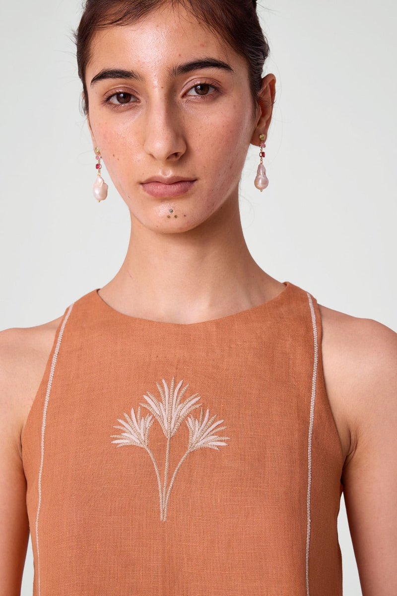 Toni Apricot Embroidered Linen Top