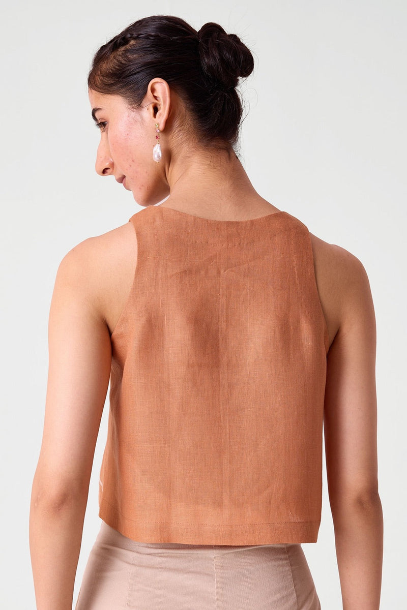 Toni Apricot Embroidered Linen Top