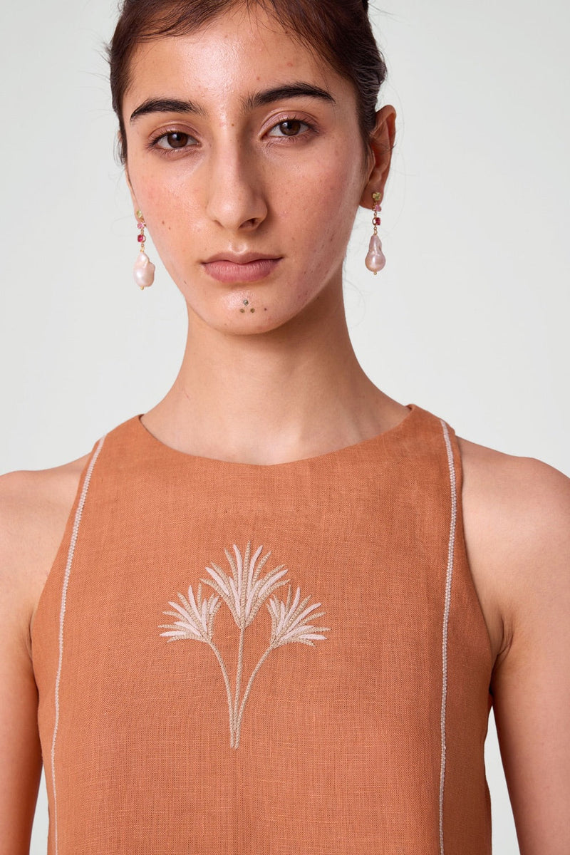 Toni Apricot Embroidered Linen Top