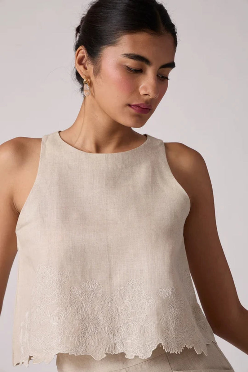Toni Beige Top 100% linen top/shirt by The Summer House in beige for women in Singapore