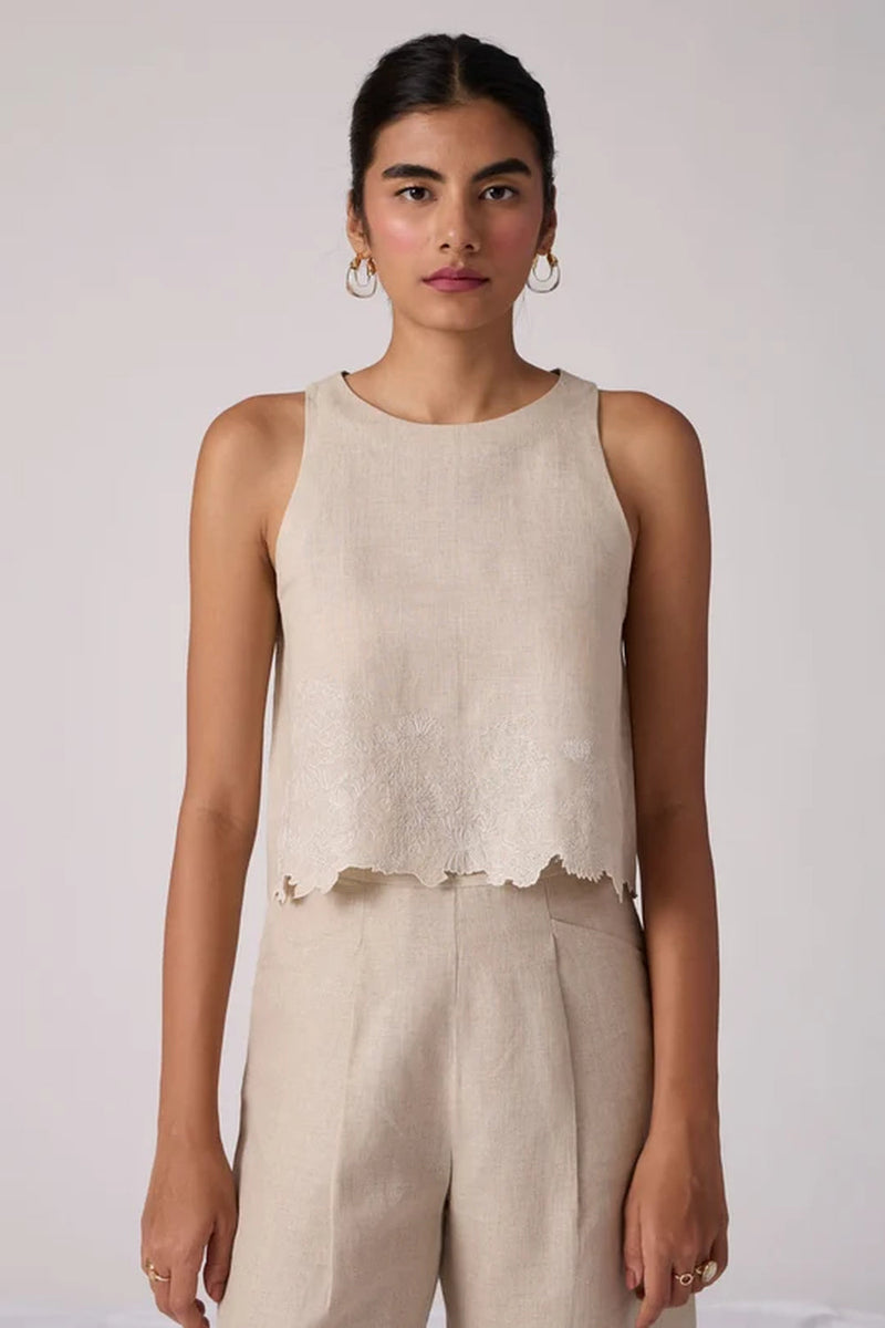 Toni Beige Top 100% linen top/shirt by The Summer House in beige for women in Singapore