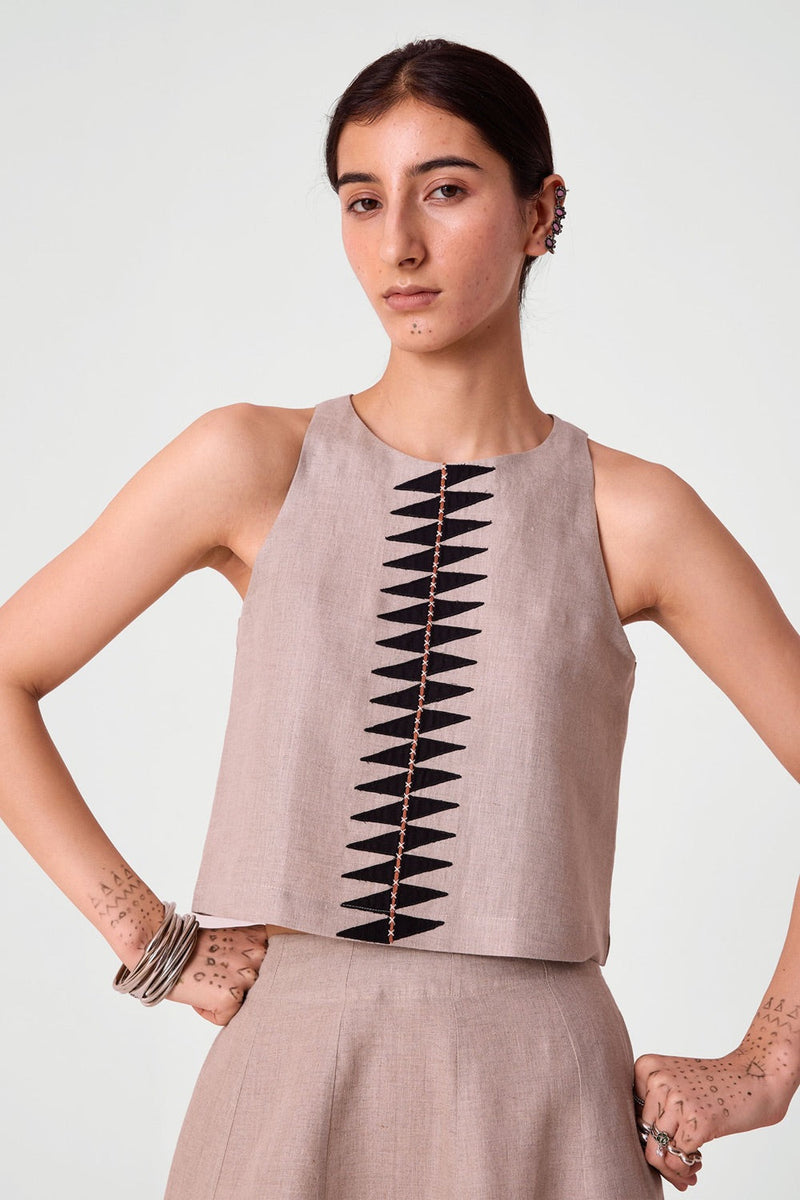 Toni beige Embroidered Linen Top