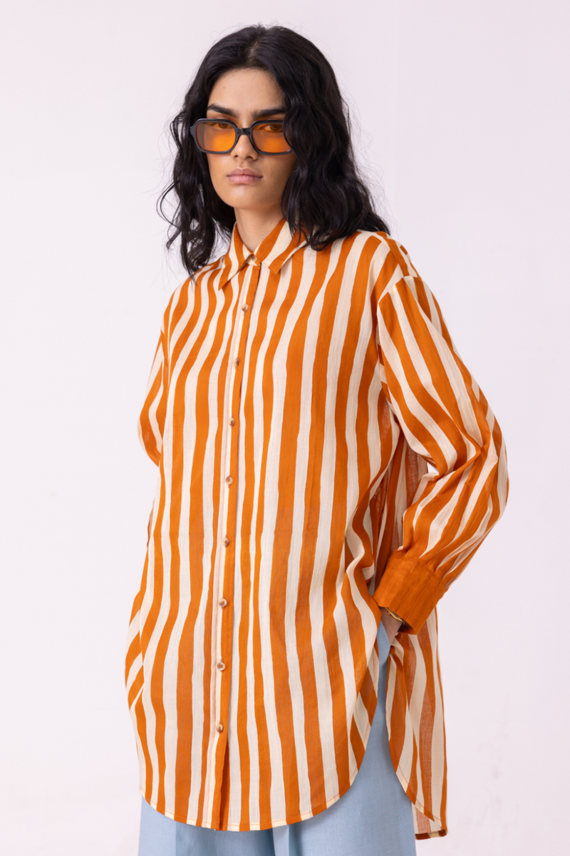 Tori Rust Striped Shirt cotton by The Summer House in rust color for women in Singapore