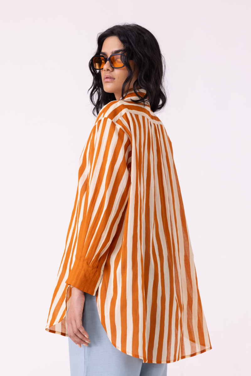 Tori Rust Striped Shirt cotton by The Summer House in rust color for women in Singapore