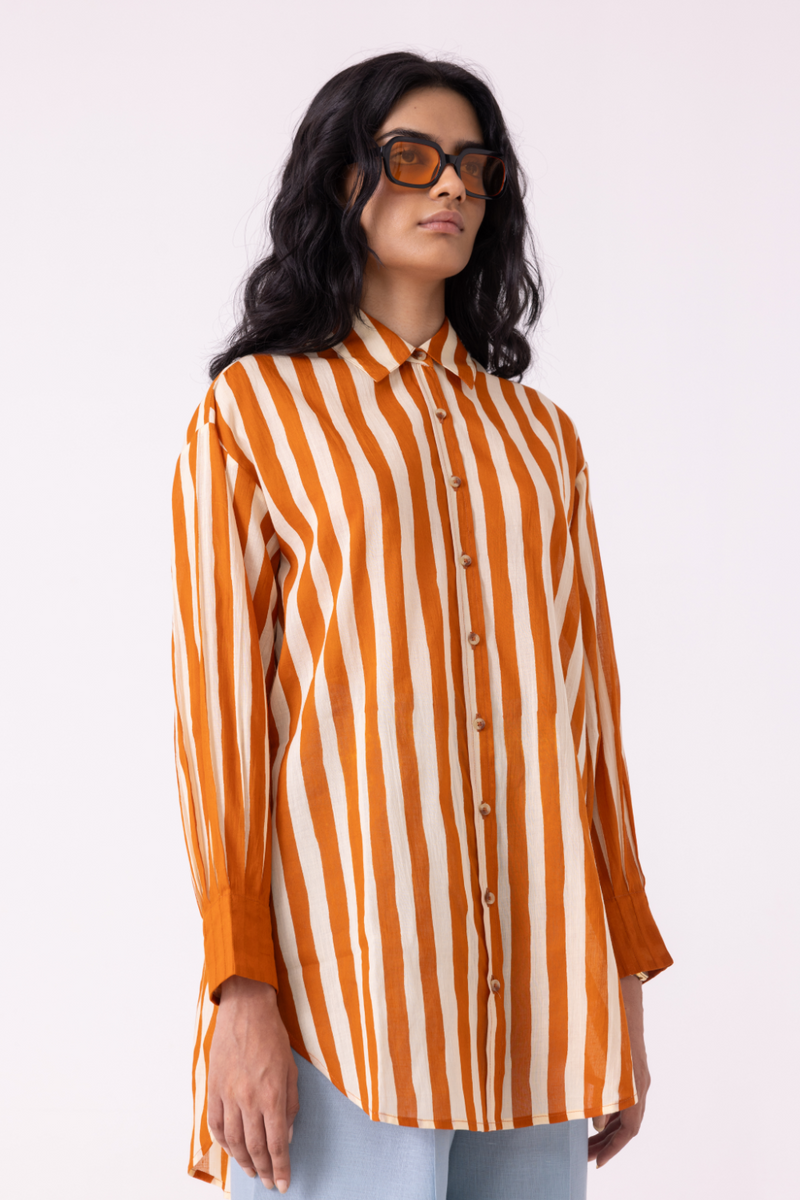 Tori Rust Striped Shirt cotton by The Summer House in rust color for women in Singapore