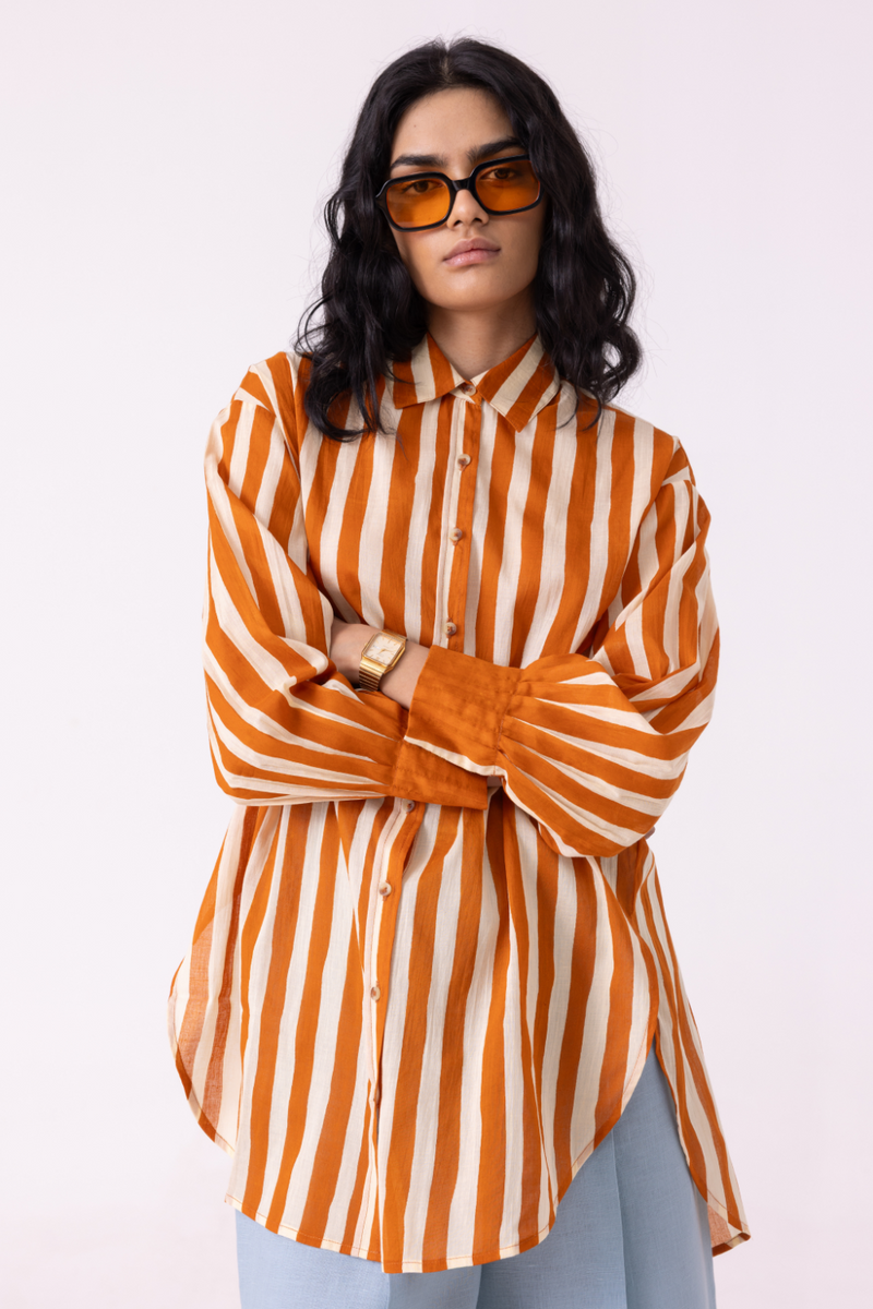 Tori Rust Striped Shirt cotton by The Summer House in rust color for women in Singapore