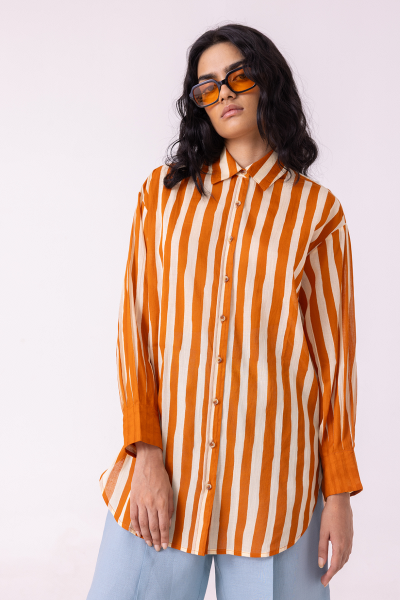 Tori Rust Striped Shirt cotton by The Summer House in rust color for women in Singapore