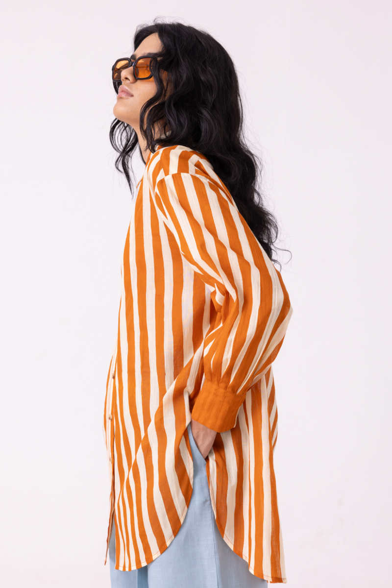 Tori Rust Striped Shirt cotton by The Summer House in rust color for women in Singapore