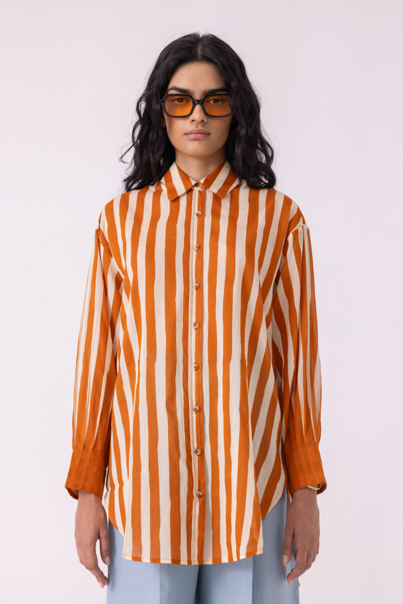 Tori Rust Striped Shirt cotton by The Summer House in rust color for women in Singapore