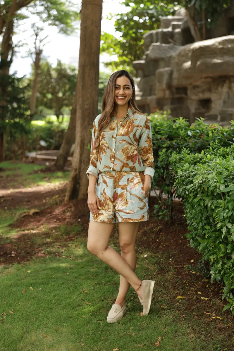 Trevi Shirt & Short Set crepe co-ord set by YAM in teal blue for women in Singapore