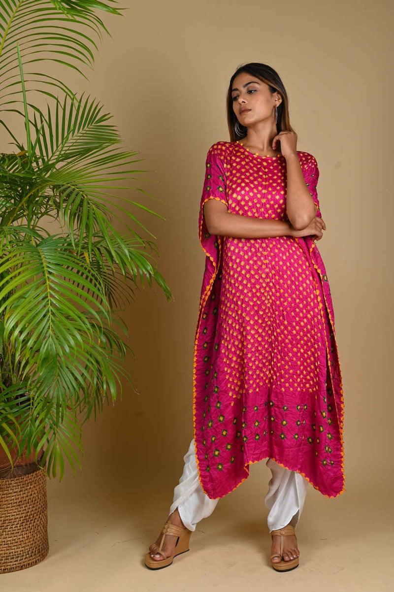 TRIPLE DOT KAFTAN-FUSCHIA PINK silk by Dyelogue for women in Singapore