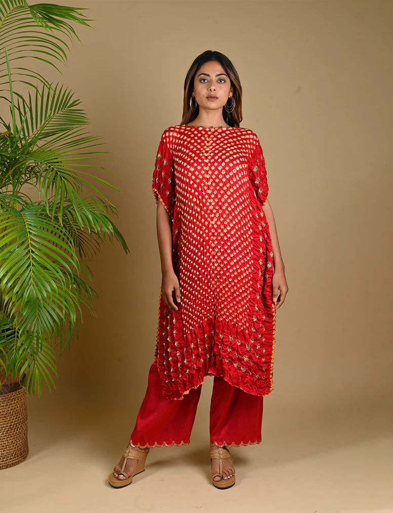 TRIPLE DOT KAFTAN-RED silk by Dyelogue in red color for women in Singapore