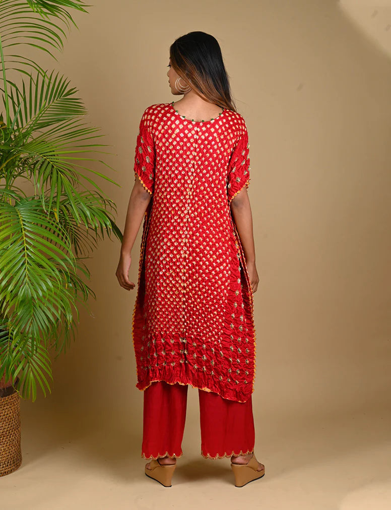TRIPLE DOT KAFTAN-RED silk by Dyelogue in red color for women in Singapore