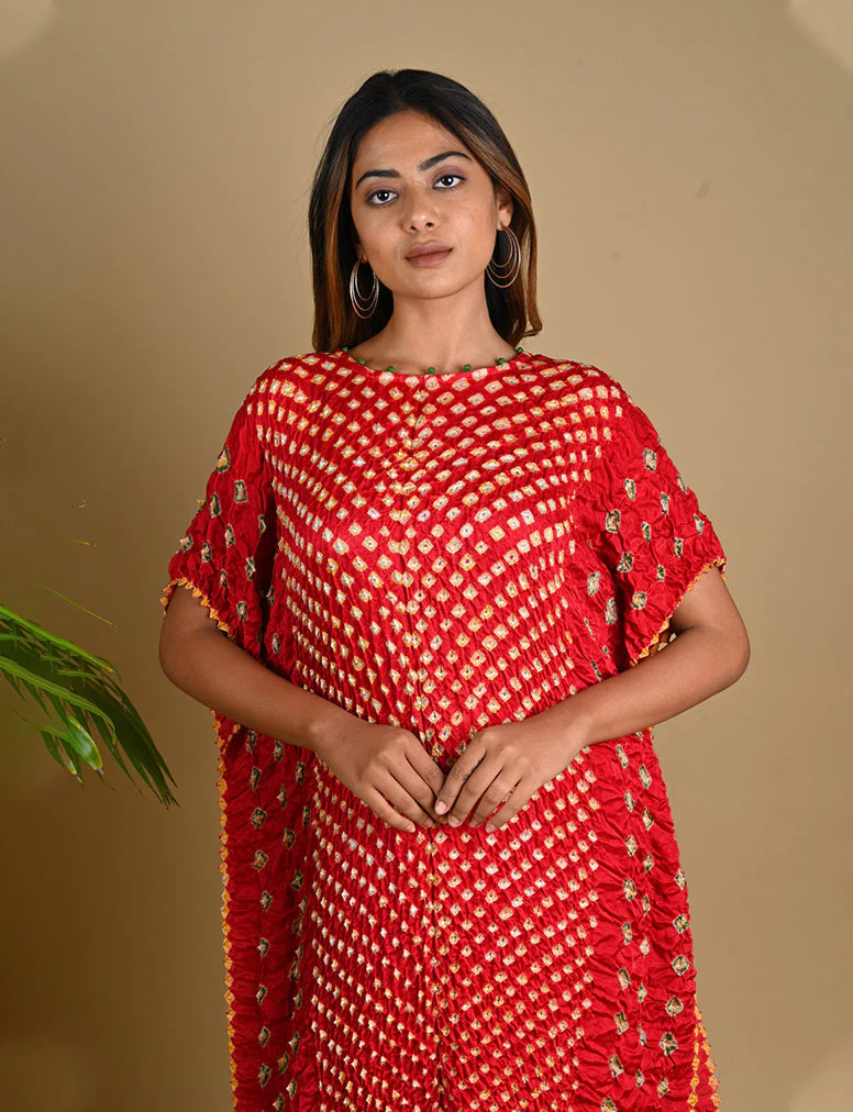TRIPLE DOT KAFTAN-RED silk by Dyelogue in red color for women in Singapore