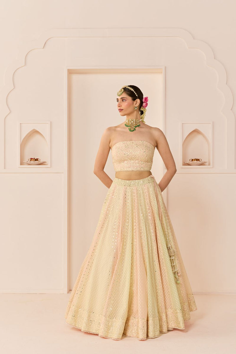 UMAIZA - CARNATION PINK LEHENGA WITH BLOUSE AND DUPATTA chanderi silk lehenga sets by SHEETAL BATRA in carnation pink and mint green for women in Singapore