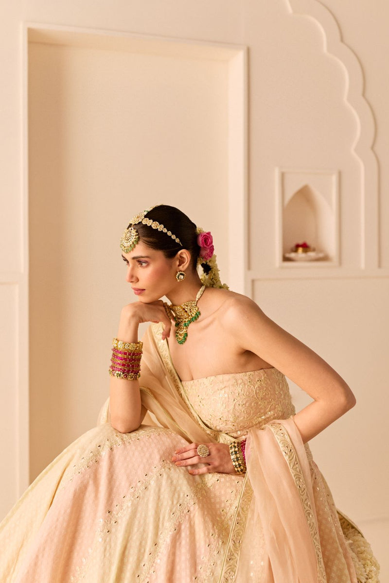 UMAIZA - CARNATION PINK LEHENGA WITH BLOUSE AND DUPATTA chanderi silk lehenga sets by SHEETAL BATRA in carnation pink and mint green for women in Singapore