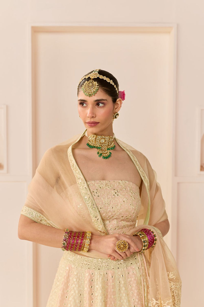 UMAIZA - CARNATION PINK LEHENGA WITH BLOUSE AND DUPATTA chanderi silk lehenga sets by SHEETAL BATRA in carnation pink and mint green for women in Singapore