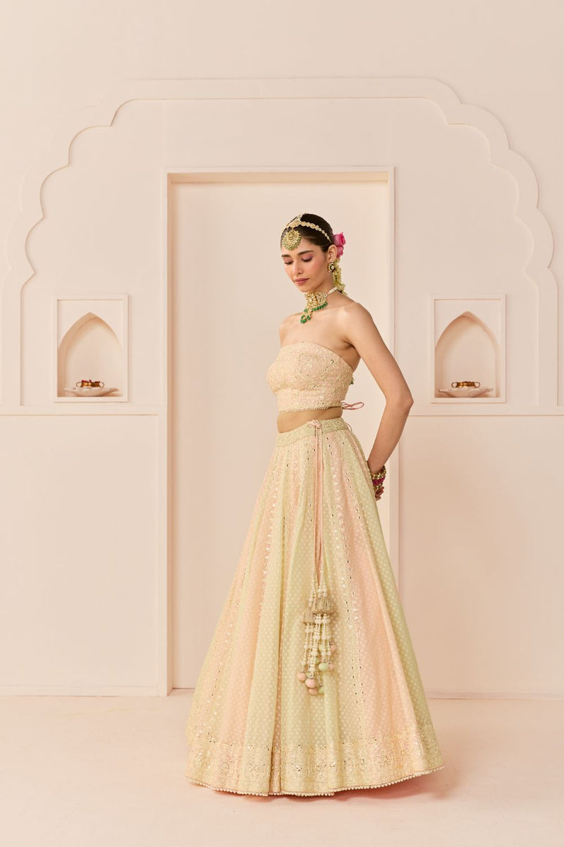 UMAIZA - CARNATION PINK LEHENGA WITH BLOUSE AND DUPATTA chanderi silk lehenga sets by SHEETAL BATRA in carnation pink and mint green for women in Singapore
