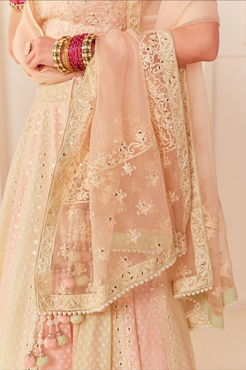 UMAIZA - CARNATION PINK LEHENGA WITH BLOUSE AND DUPATTA chanderi silk lehenga sets by SHEETAL BATRA in carnation pink and mint green for women in Singapore