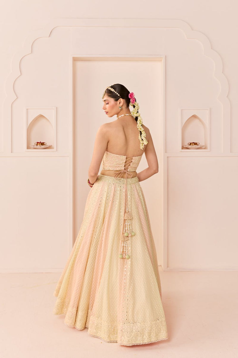UMAIZA - CARNATION PINK LEHENGA WITH BLOUSE AND DUPATTA chanderi silk lehenga sets by SHEETAL BATRA in carnation pink and mint green for women in Singapore