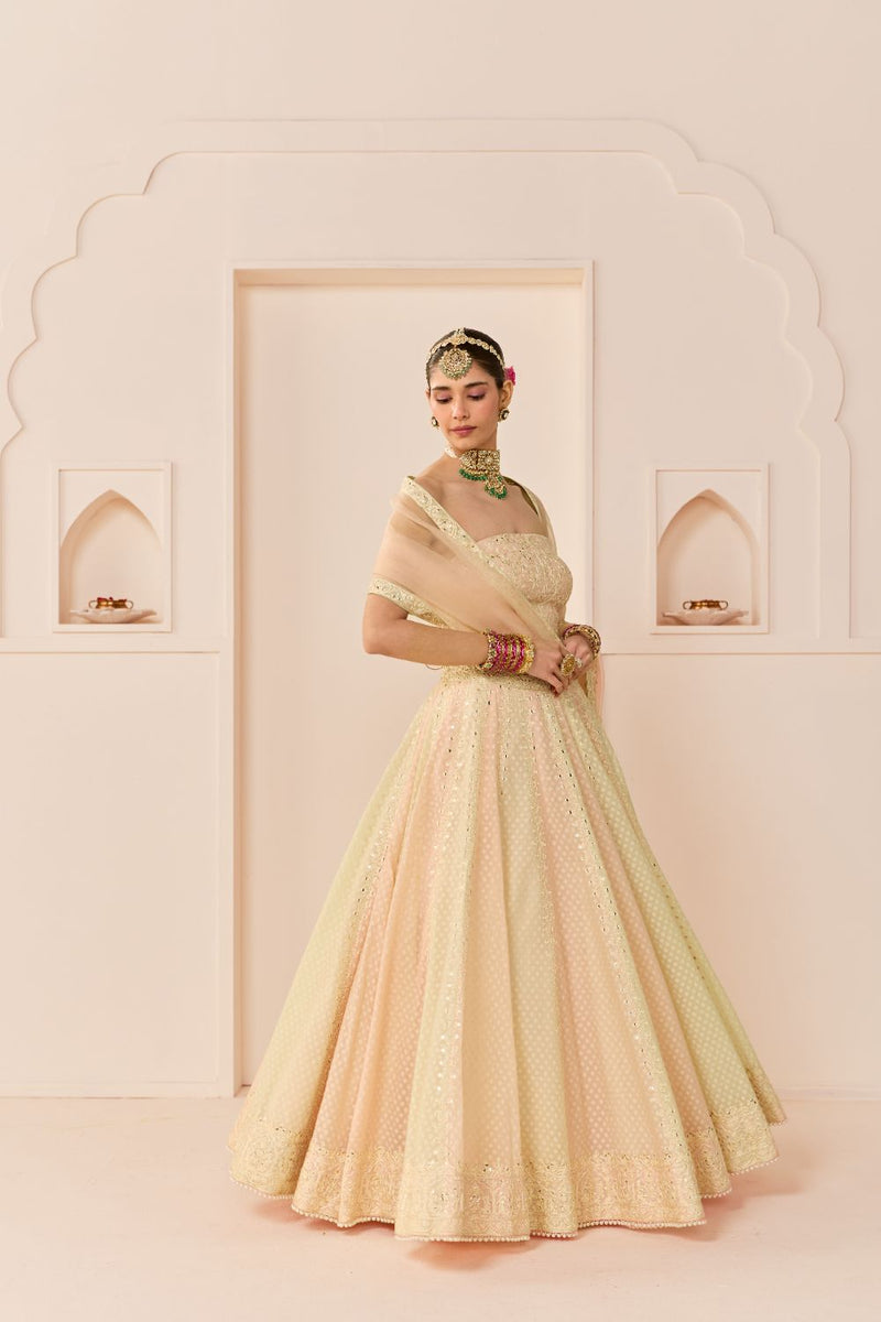 UMAIZA - CARNATION PINK LEHENGA WITH BLOUSE AND DUPATTA chanderi silk lehenga sets by SHEETAL BATRA in carnation pink and mint green for women in Singapore