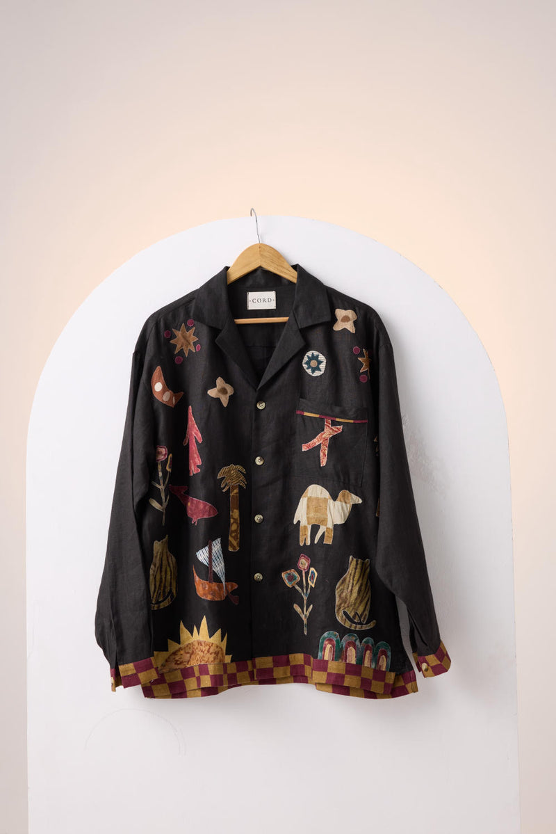 UNISEX OVERSIZED SHIRT -BLACK JUNGLE APPLIQUE linen by CORD for women in Singapore