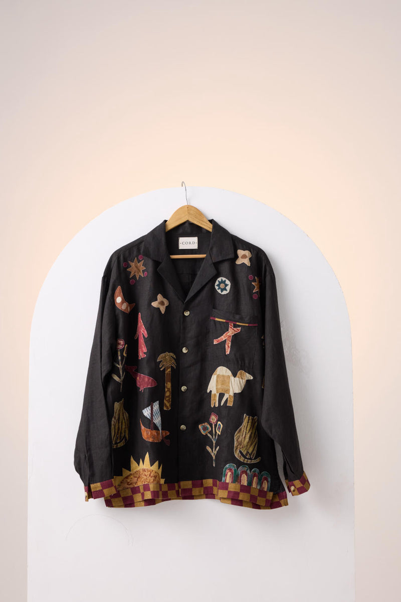 UNISEX OVERSIZED SHIRT -BLACK JUNGLE APPLIQUE linen by CORD for women in Singapore