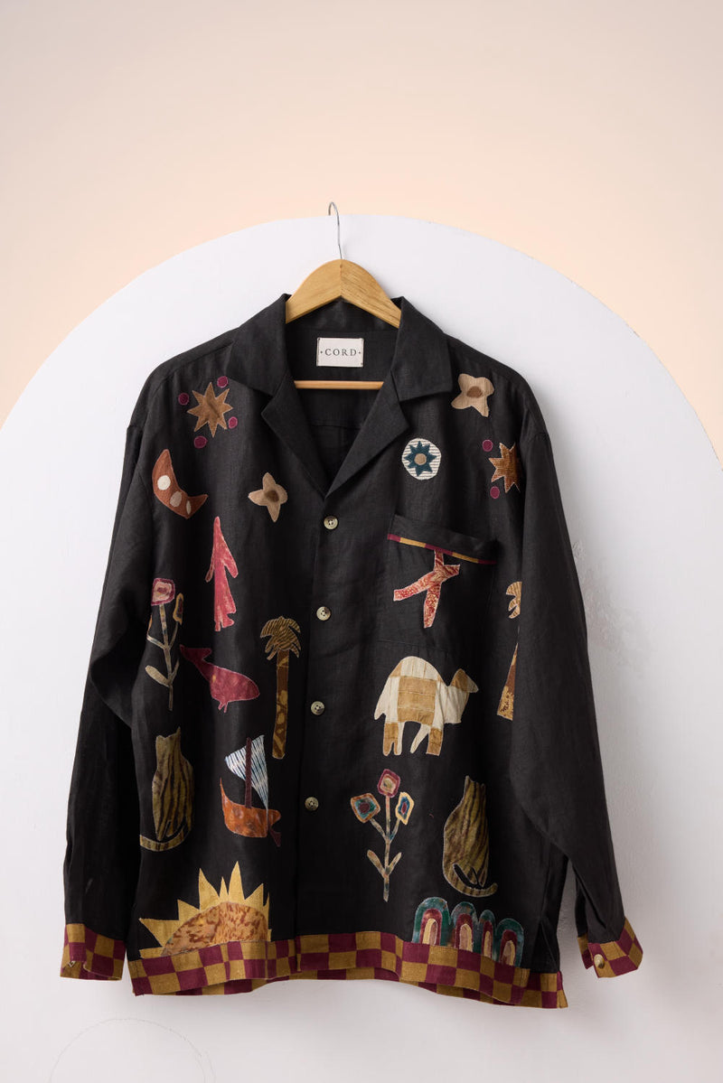 UNISEX OVERSIZED SHIRT -BLACK JUNGLE APPLIQUE linen by CORD for women in Singapore