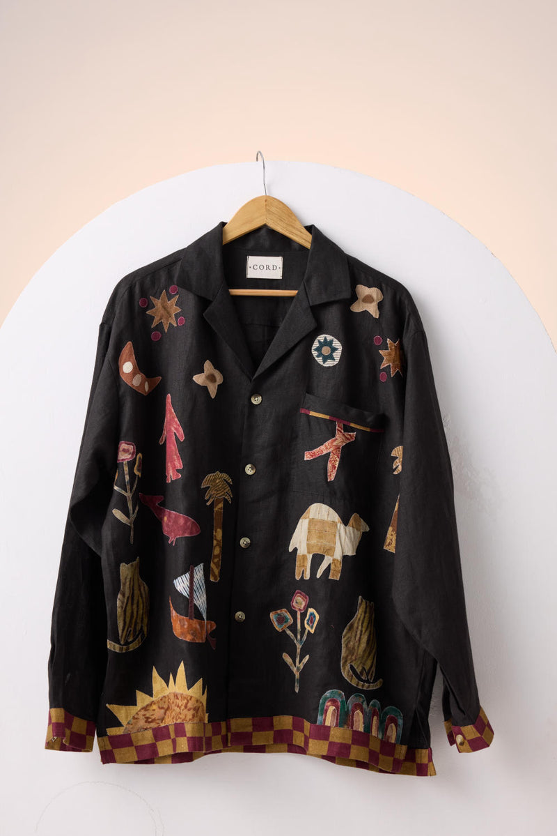 UNISEX OVERSIZED SHIRT -BLACK JUNGLE APPLIQUE linen by CORD for women in Singapore