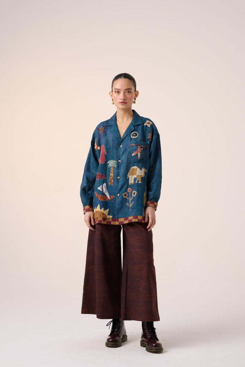 UNISEX OVERSIZED SHIRT-DARK BLUE JUNGLE APPLIQUE linen by CORD for women in Singapore