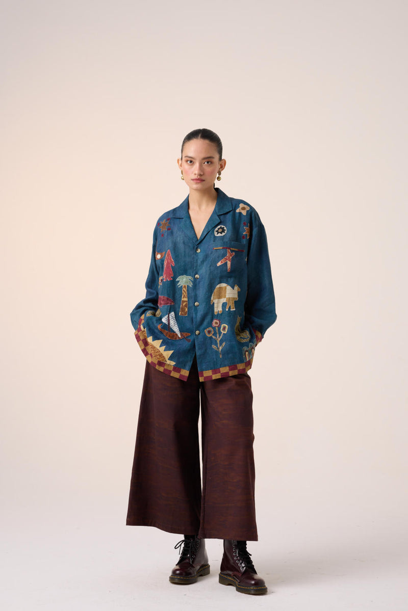 UNISEX OVERSIZED SHIRT-DARK BLUE JUNGLE APPLIQUE linen by CORD for women in Singapore