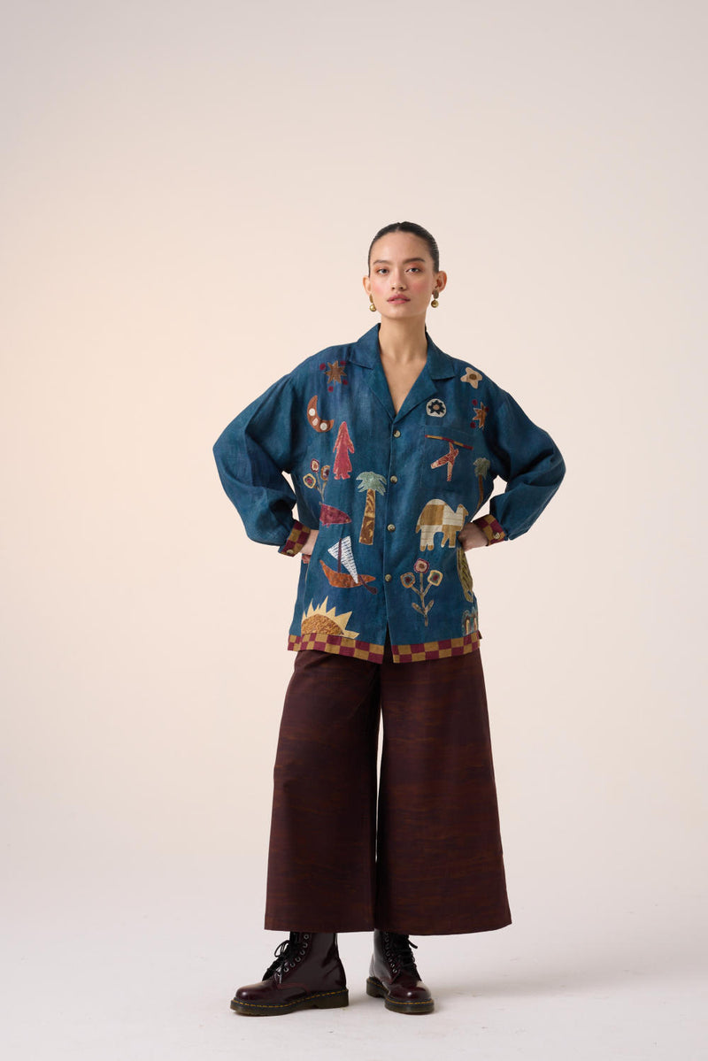 UNISEX OVERSIZED SHIRT-DARK BLUE JUNGLE APPLIQUE linen by CORD for women in Singapore