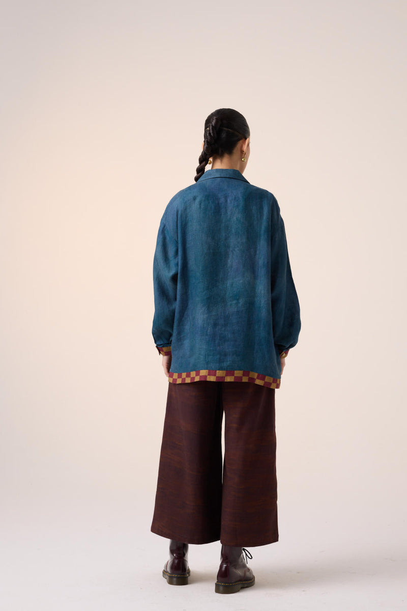 UNISEX OVERSIZED SHIRT-DARK BLUE JUNGLE APPLIQUE linen by CORD for women in Singapore